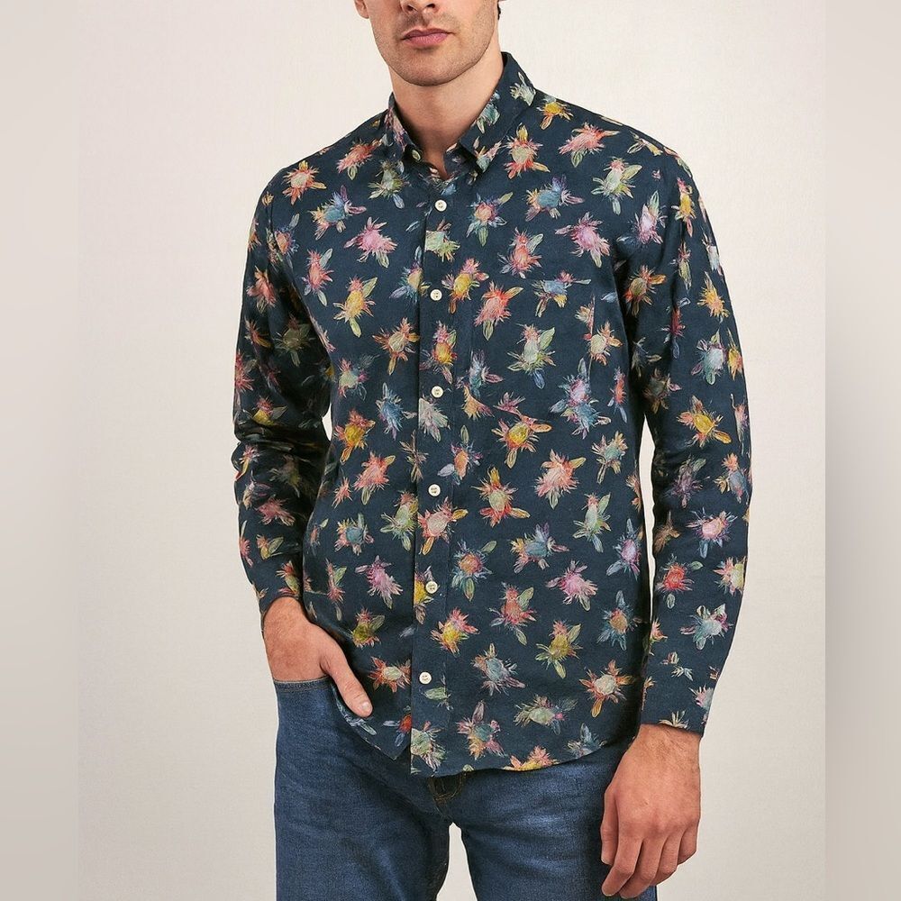 Michael’s 100% Linen Pineapple Button Down Shirt Navy Multicolor Men’s L